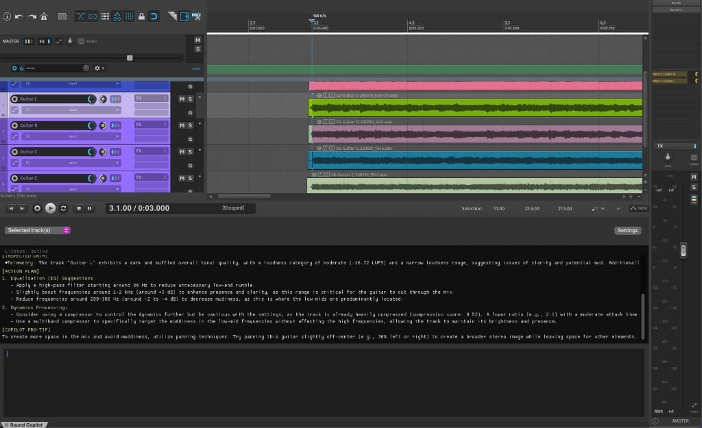 Sound Copilot in REAPER showing mix analysis and copilot suggestions for guitar tracks